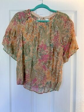 LOFT Pastel & Gold Floral Metallic Blouse in Cream, Pink & Mint Boho Chic Top